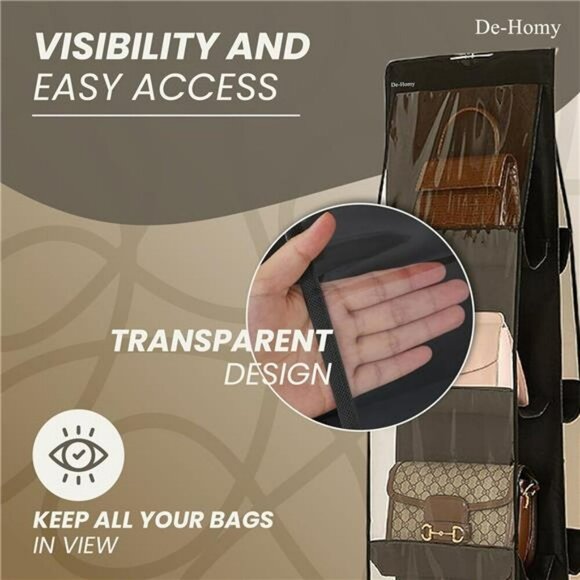 Handbag Organizer 2 Pack Closet Purse Hanger Storage with Clear Pockets Black - Picture 4 of 7
